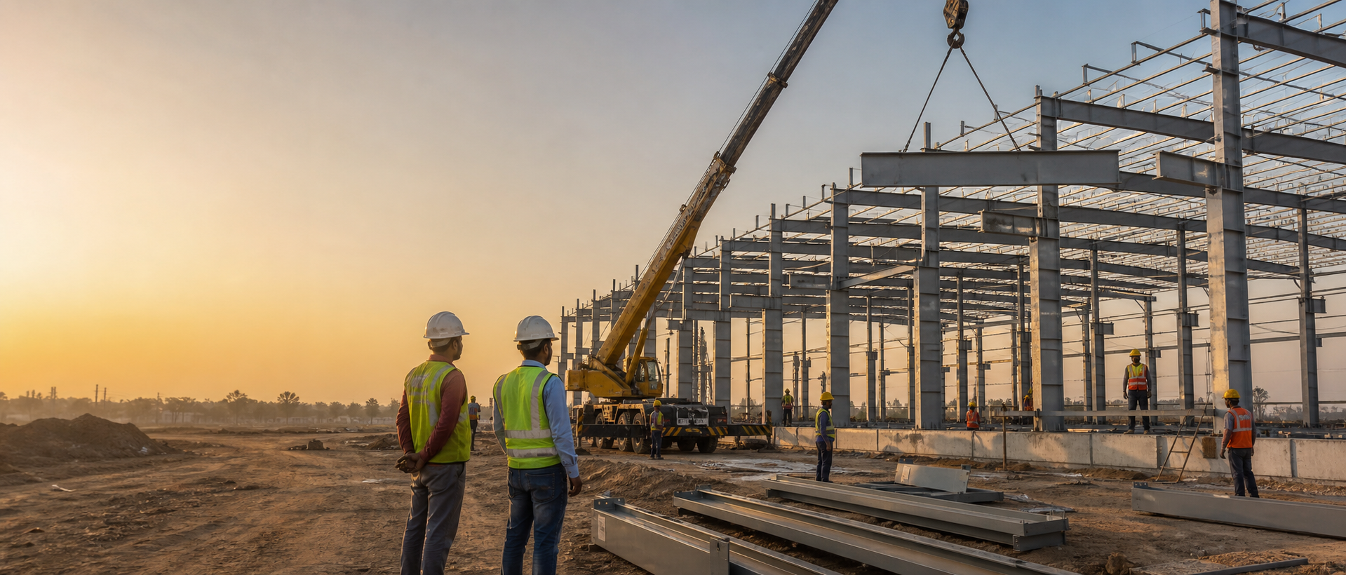 Steel building structure under erection